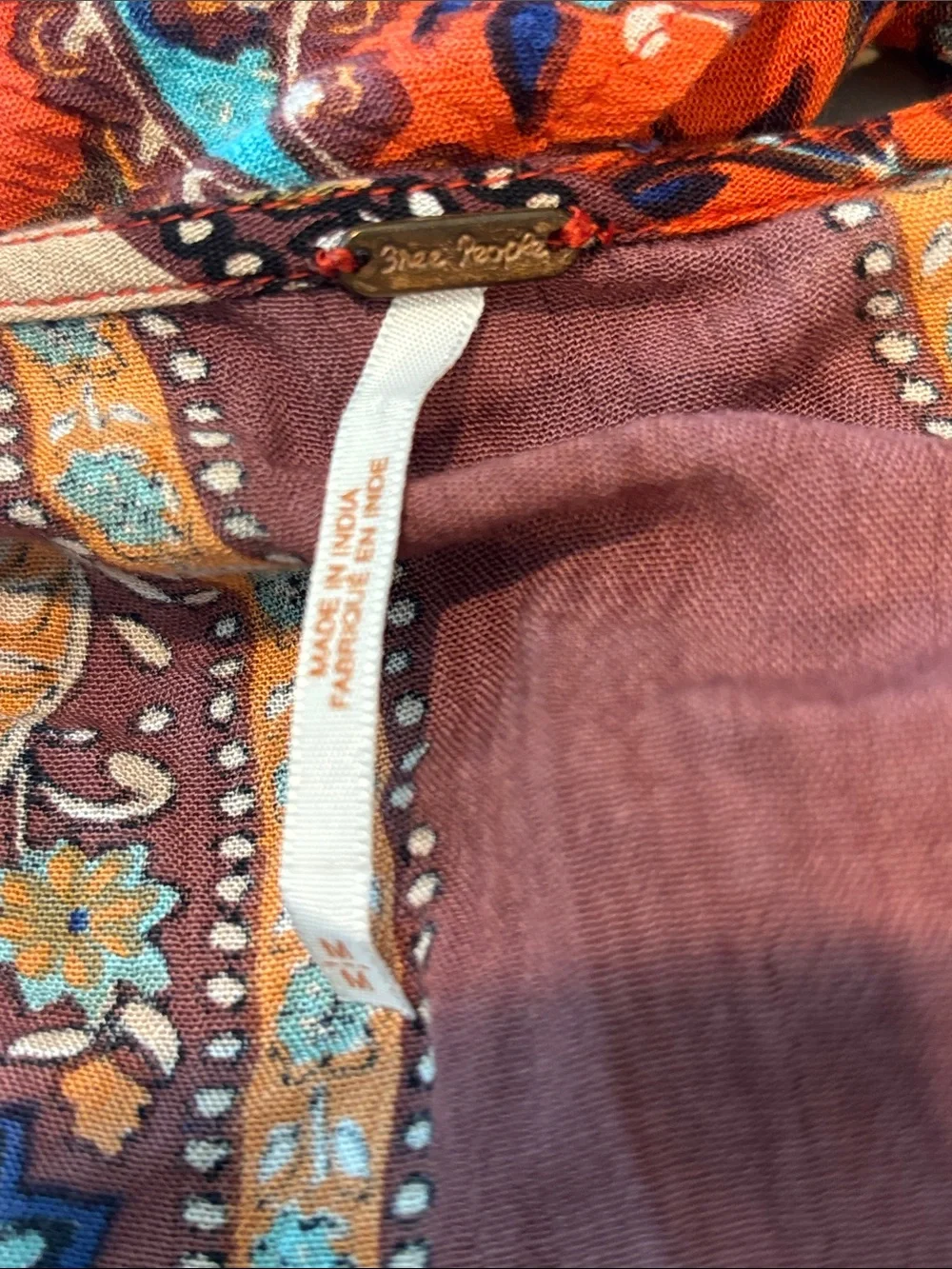 🩷 Free People Multi‑Color Floral Patterned Blouse with Rust & Orange Accents